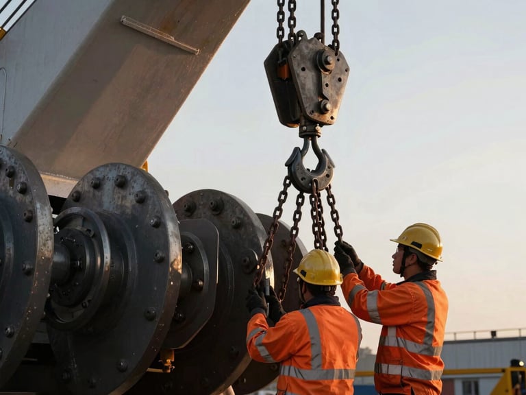 Close-up of a team member in high-visibility gear inspecting heavy-duty rigging chains and hooks attached to a massive industrial component, early morning golden hour, emphasizing metallic textures.