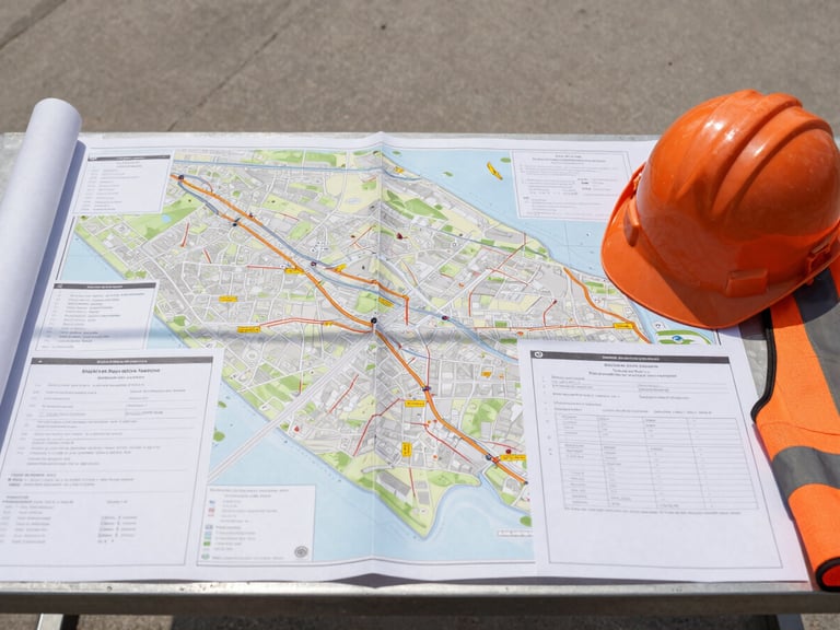 Wide panoramic view of a detailed route map with highlighted sections and permit documents laid out on a table, next to a hard hat and safety vest, hard direct daylight, clean and structured layout.