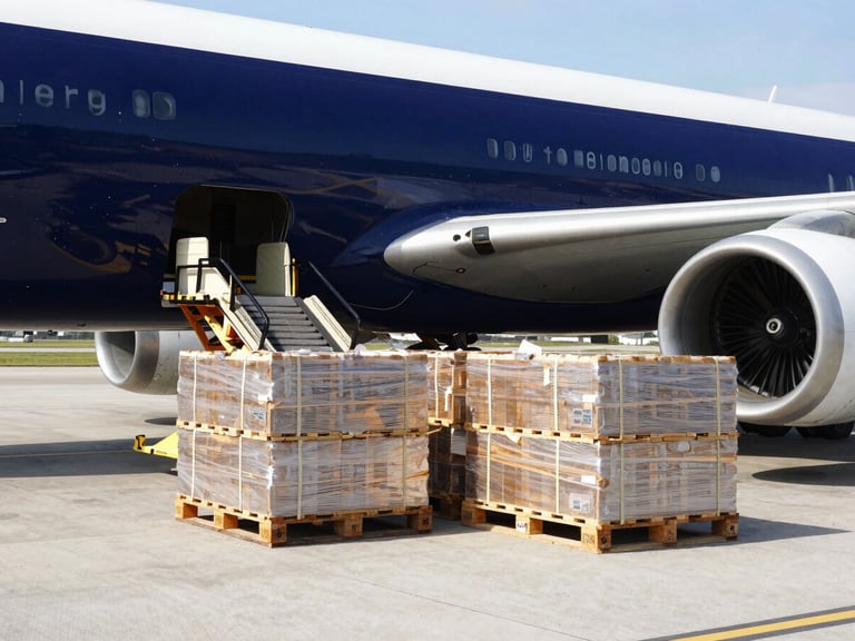 Cargo plane being loaded with pallets at an airport tarmac, bright natural daylight, high contrast, sharp focus