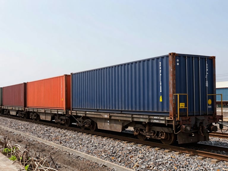 Long freight train carrying containers through an industrial landscape, bright sun, high contrast, sharp focus