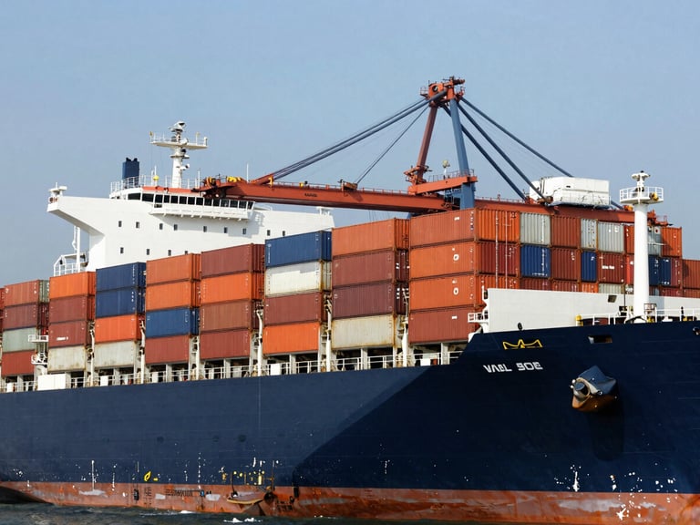 Wide shot of a large container ship being loaded at a busy port, high contrast, deep navy and orange tones, sharp focus