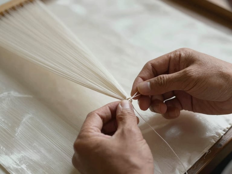 Close-up of a master artisan's hands tying minuscule knots with fine thread on pure silk fabric, preserving the organic texture before dyeing.