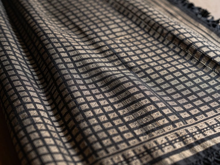 Macro photograph of a partially woven Patan Patola saree, showing the incredibly sharp geometric grid of the double-ikat pattern, natural daylight.