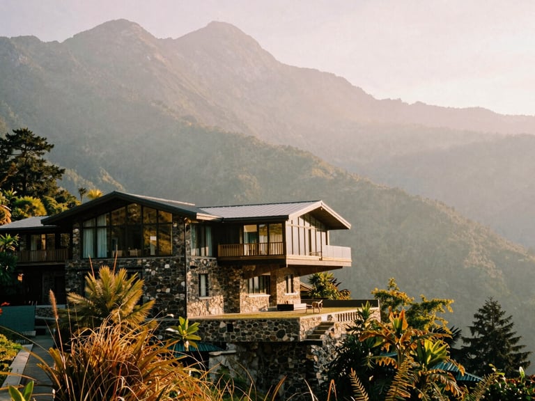 Wide-angle environmental shot of a cantilevered stone and glass villa on a mist-shrouded Himalayan peak during golden hour, 35mm film