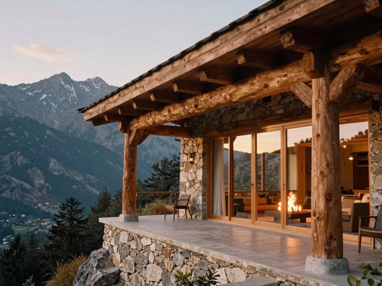 A close-up architectural view of a luxury stone villa terrace on a steep Himalayan cliff, native seasoned timber beams, warm interior hearth light glowing through large glass panes, 35mm film.