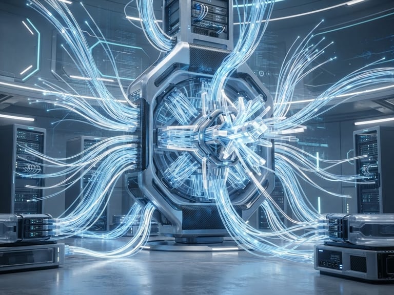 Futuristic 3D render of a glowing blue and white fiber optic network node, high-tech digital routers, cool gray background with subtle neon accents, octane render, 8k