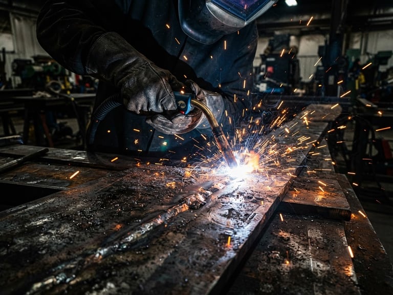 Close-up of industrial welding, bright orange sparks flying against dark steel plates, high-contrast shop lighting.