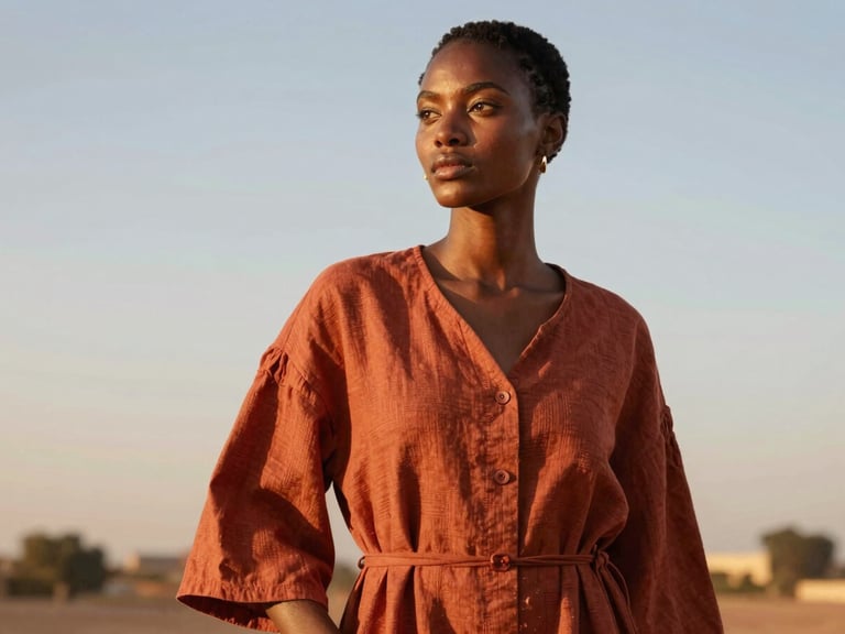 Warm sunset light over Niamey, a West African woman in modern terracotta linen tailoring, looking thoughtfully off-camera, editorial fashion photography.