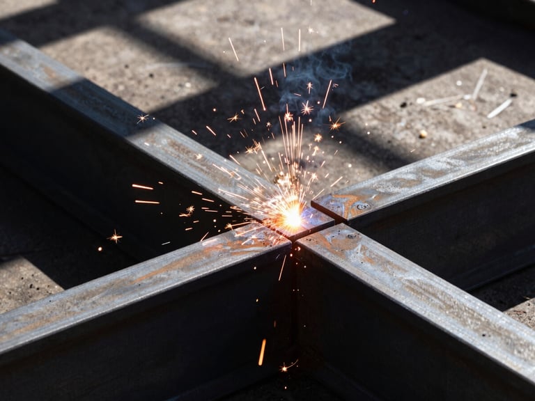 Close-up of welding sparks flying from a steel beam being cut in an industrial workshop, high-contrast, harsh direct sunlight, deep shadows, 35mm lens