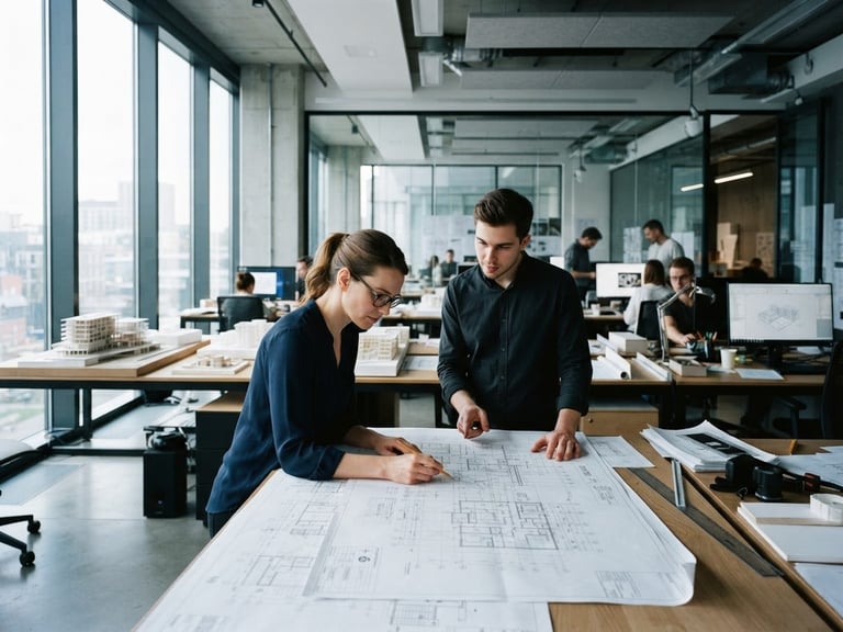 Crisp corporate photography, cool daylight, a modern technical workspace with high-contrast shadows, architectural blueprints on desks, 35mm, sharp focus