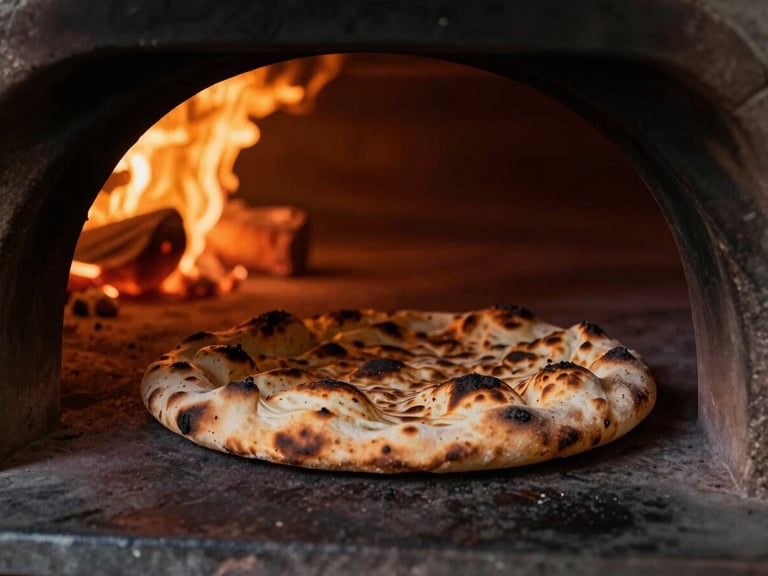 Close-up macro shot of a blistered sourdough flatbread emerging from a roaring wood-fired clay oven, glowing amber embers, dramatic low-key side lighting, 35mm