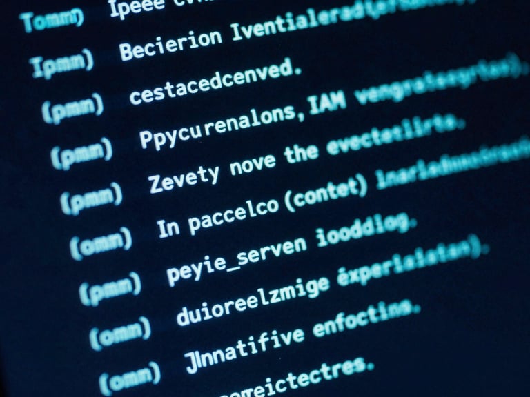 Macro photograph of a dark terminal screen displaying automated IAM policy evaluation outputs, glowing cyan highlights, sharp focus, 35mm