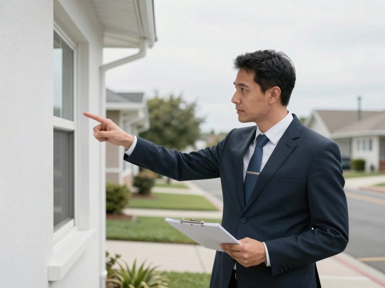 Professional appraiser pointing to a detail on a property, suburban street, bright overcast daylight, focused on work, 35mm