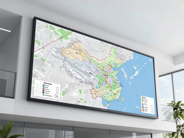 Modern office interior with a large screen displaying a regional map, professional setting, bright overcast daylight, 35mm