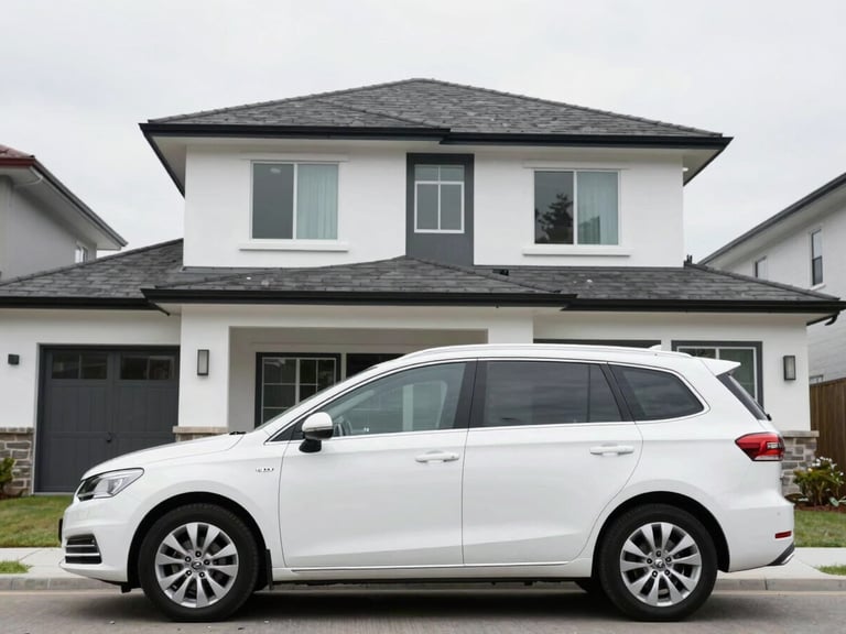 Branded Just Valuation vehicle parked in front of a modern suburban home, clear overcast daylight, professional and clean