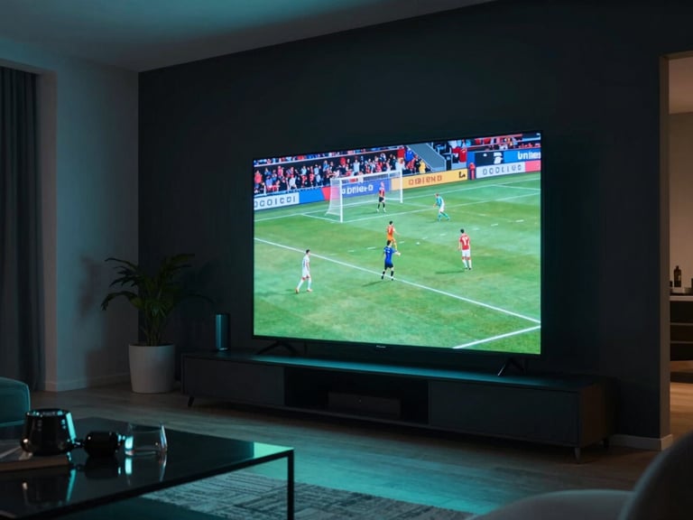 Cinematic wide-angle shot of a dark modern apartment in Berlin at night, a massive glowing OLED television displaying a high-speed football match, electric cyan ambient light reflecting on sleek surfaces.