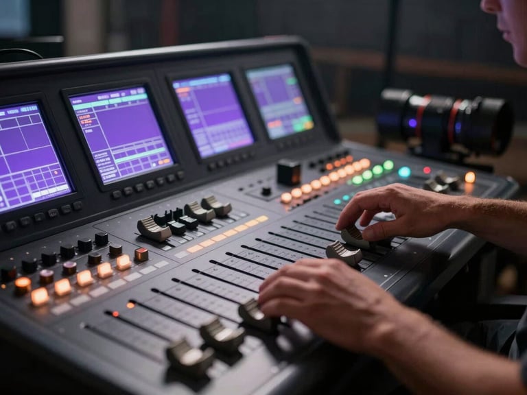 Close-up of a technical director operating a lighting console in low light, hands on faders, glowing purple screens, sharp focus, atmospheric haze.