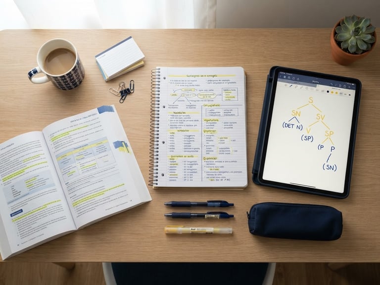 Overhead flatlay of structured study notes, a highlighted Portuguese grammar book, a sleek tablet showing syntax tree diagrams, clean natural morning light, navy and yellow accents, sharp focus, 35mm.