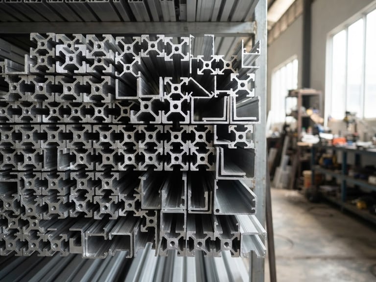Straight-on eye-level shot of stacked silver aluminum extrusions in a bright Tangerang workshop, natural daylight, sharp focus on clean metallic cuts