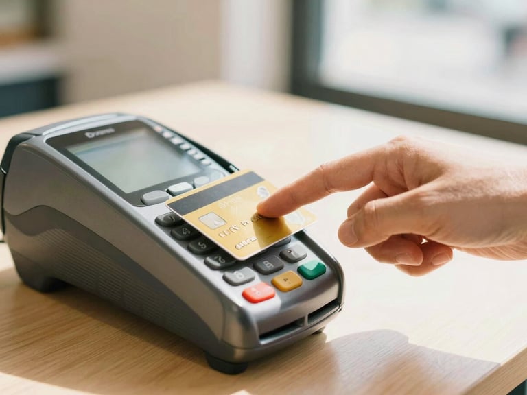 Close-up of a hand tapping a credit card on a sleek modern payment terminal in a bright, sunlit local bakery, warm editorial tones
