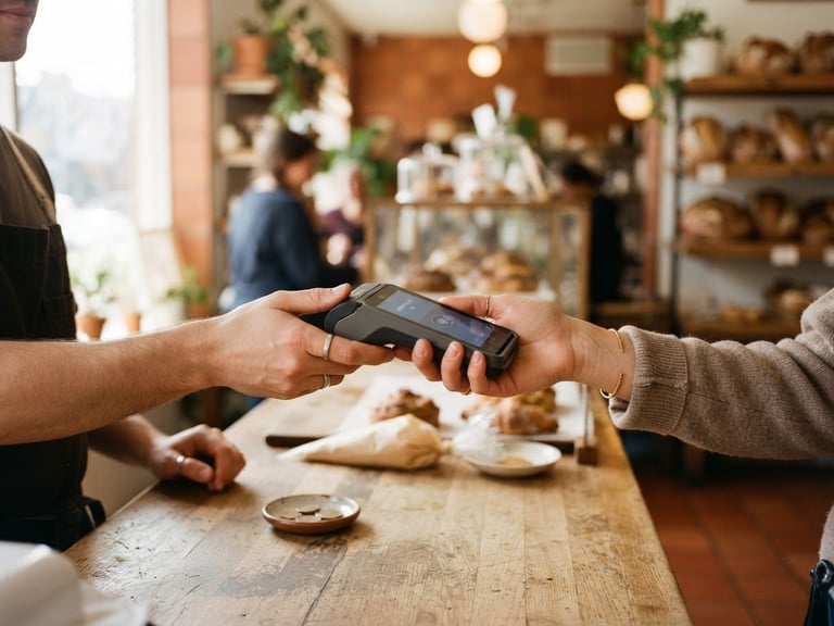 Warm editorial photo of hands passing a payment terminal in a local bakery, bright natural daylight, optimistic tones, shallow depth of field.