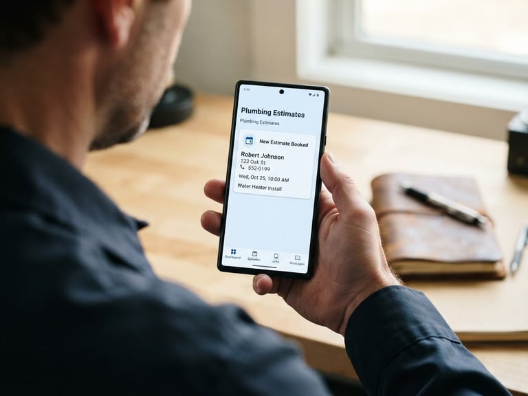 Over-the-shoulder view of a clean smartphone displaying a simplified Callvanta dashboard with a newly booked plumbing estimate, bright natural daylight, 35mm lens