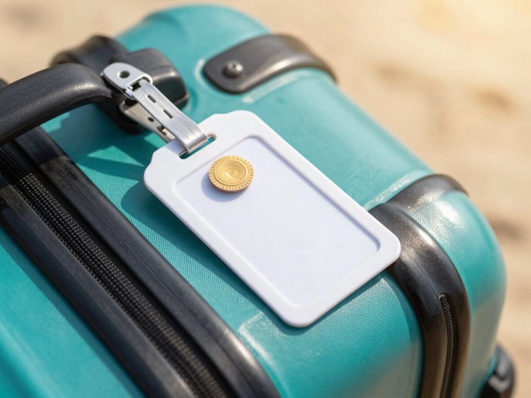 Close-up of a secure luggage tag with a tamper-proof seal on a designer suitcase, warm golden-hour light, shallow depth of field