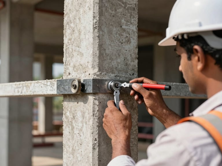 Close-up of an engineer measuring structural alignment on a concrete column at a Chennai building site, bright natural daylight, sharp focus on technical tools