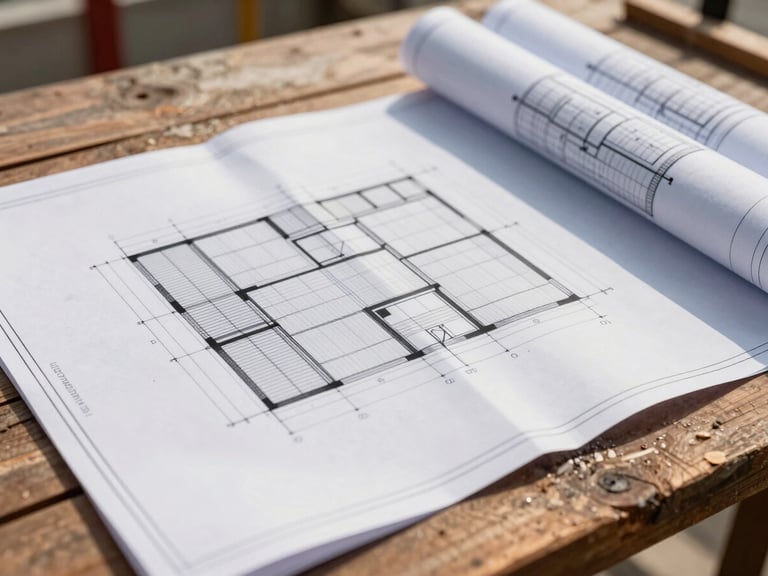 A close-up high-contrast shot of a structural blueprint lying on a wooden table at a Chennai construction site, natural daylight, sharp focus on architectural grid lines.
