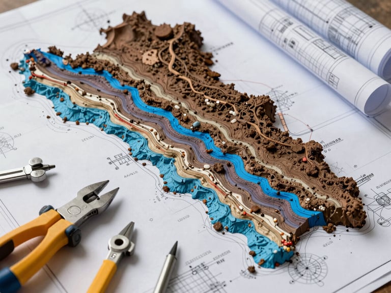 Detailed geological survey map of Chennai suburban areas, soil strata layers highlighted in blueprints, engineering tools resting on technical drawings, daylight.