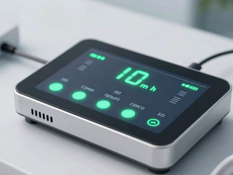 Close-up of a high-tech energy-monitoring hardware interface with glowing green indicators, crisp editorial photography, bright daylight, cool tones.