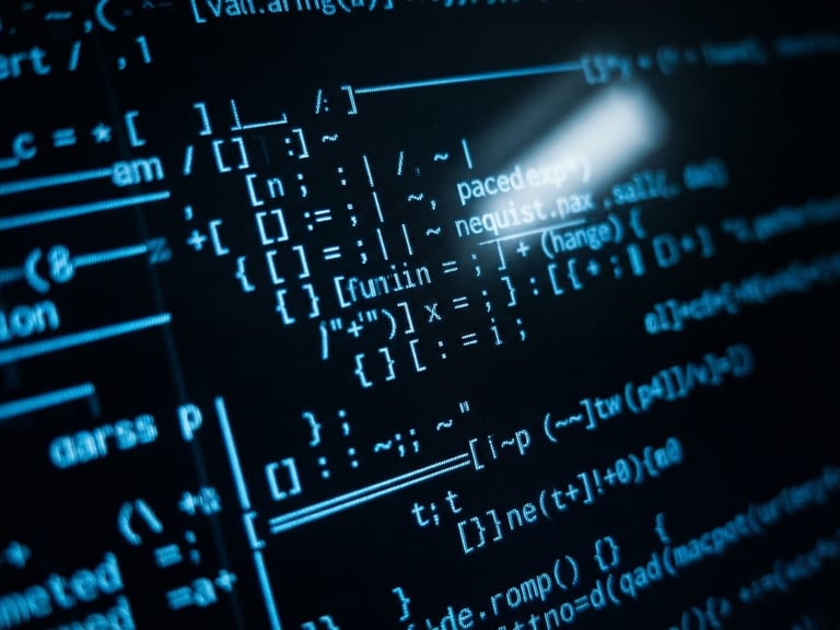 Macro shot of a high-contrast terminal interface with glowing electric blue code lines, dark low-key photography, sharp screen-glare highlights, 35mm