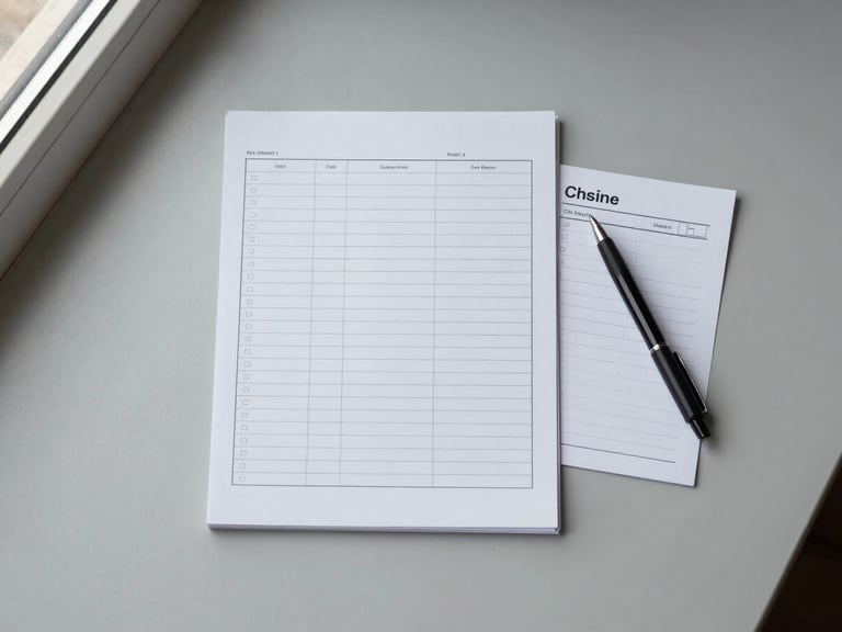 Overhead flat-lay on a pale grey surface: a printed planning sheet with ruled columns, a smaller checklist card beside it, a fine-tip pen resting at an angle, cool north window light from the upper left, no hands, no faces, generous negative space at the bottom