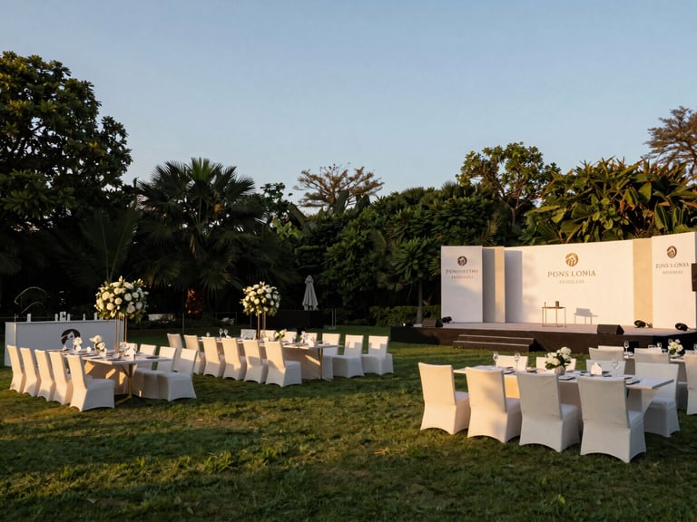 Panoramic shot of a sophisticated outdoor corporate event setup, with a stage, elegant seating, and branding elements, under a clear sky at dusk.