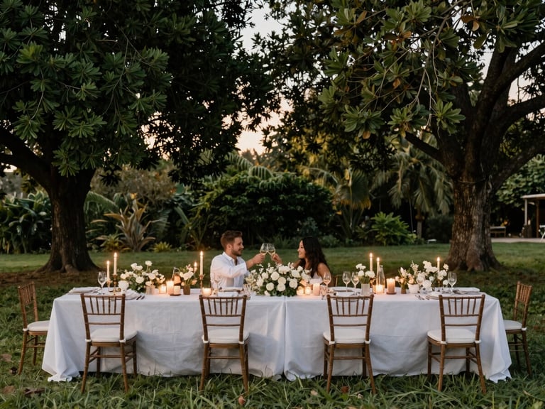 Elegant outdoor anniversary dinner setup under a canopy of trees, with a beautifully decorated long table, soft lighting, and a couple toasting.