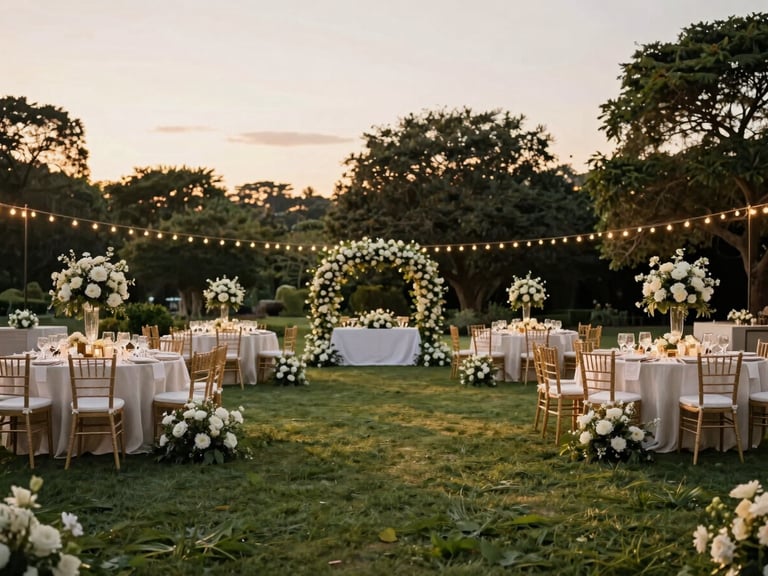 Wide-angle view of a luxurious outdoor wedding reception at golden hour, with elegant white floral arrangements and soft string lights across manicured lawns.