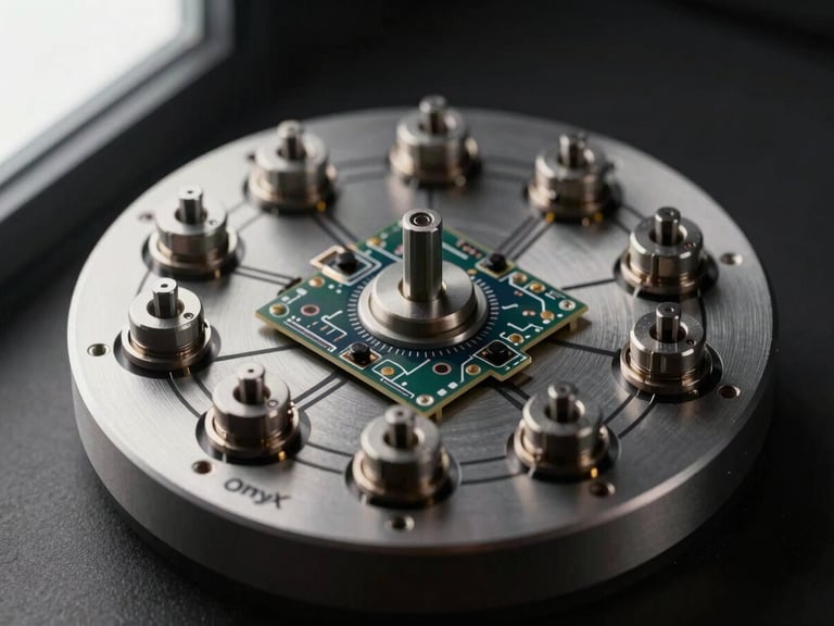 High-contrast technical diagram of the Onyx hardware layout, showing machined aluminum dial, mechanical switches, and local silicon architecture, clean line art on dark background.