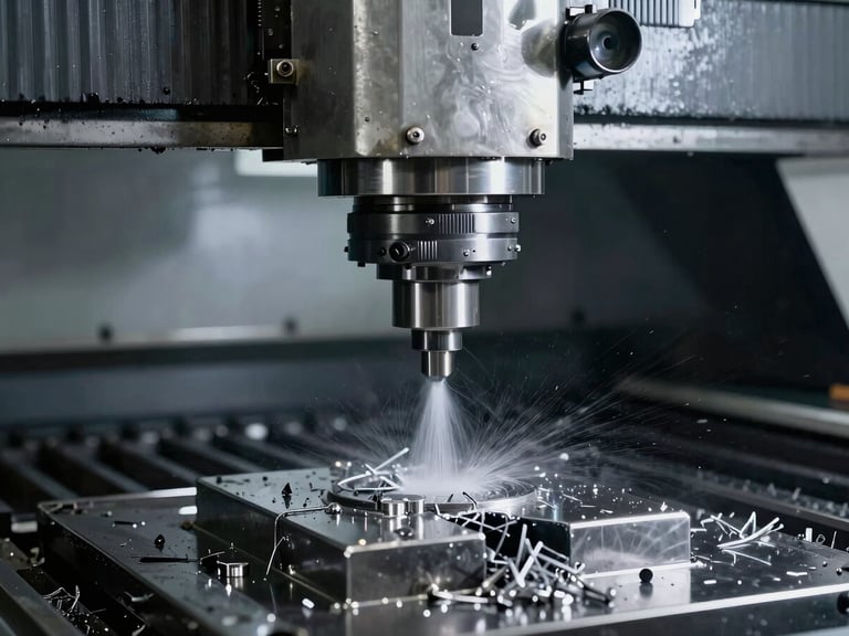 High-precision CNC milling machine in progress, cool metallic steel tones, sharp details of metal shavings and coolant spray, 35mm industrial photography
