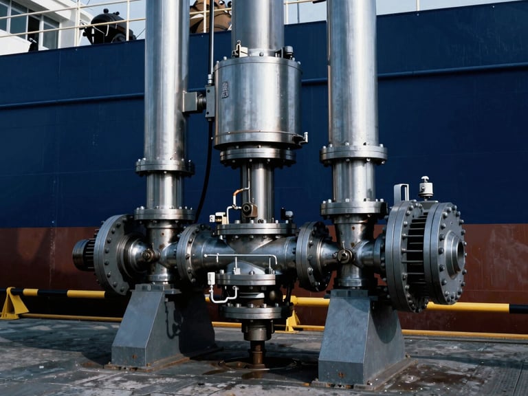 Dramatic industrial photography of a massive hydraulic power unit on shipyard docks, cool metallic blue and steel gray tones, high-contrast workshop lighting, 35mm
