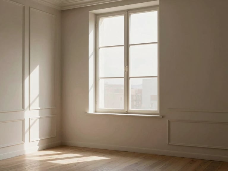 Soft natural morning light pouring through a tall window into a clean, empty room with elegant architectural details, warm neutral tones, minimalist aesthetic, 35mm lens.