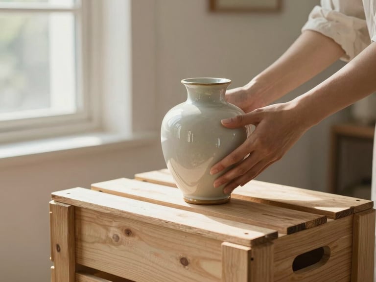 Close up of hands gently placing a vintage ceramic vase onto a neatly stacked wooden crate, warm natural morning light, soft focus