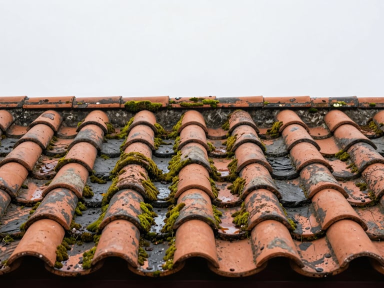 Close-up of weathered terracotta roof tiles covered in thick green moss, damp textures under soft overcast daylight, sharp architectural focus