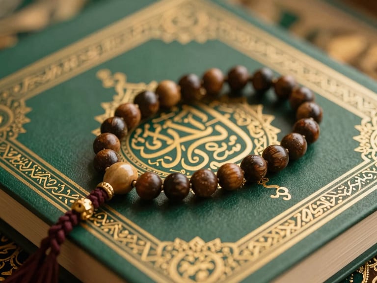Close-up of prayer beads (Tasbih) resting on an open Quran, bathed in soft golden-hour light, with elegant Arabic calligraphy in the background, deep green and gold tones, shallow depth of field