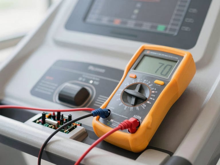 Close-up of a digital multimeter displaying readings, testing a treadmill control board, sharp focus, clear utility lighting, 50mm