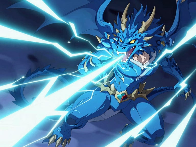 Dynamic digital illustration of a legendary blue dragon breathing neon white lightning, sharp anime card art style
