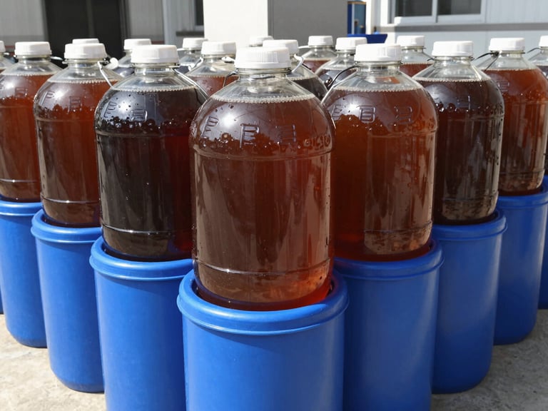 25-liter blue plastic drum for wood vinegar, clean industrial setting, bright natural daylight.