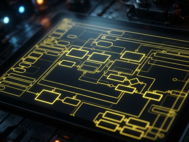 Sleek 2D game development blueprint on a dark glowing screen, GDevelop event sheet wireframe, sharp yellow neon accent lines, 35mm macro lens