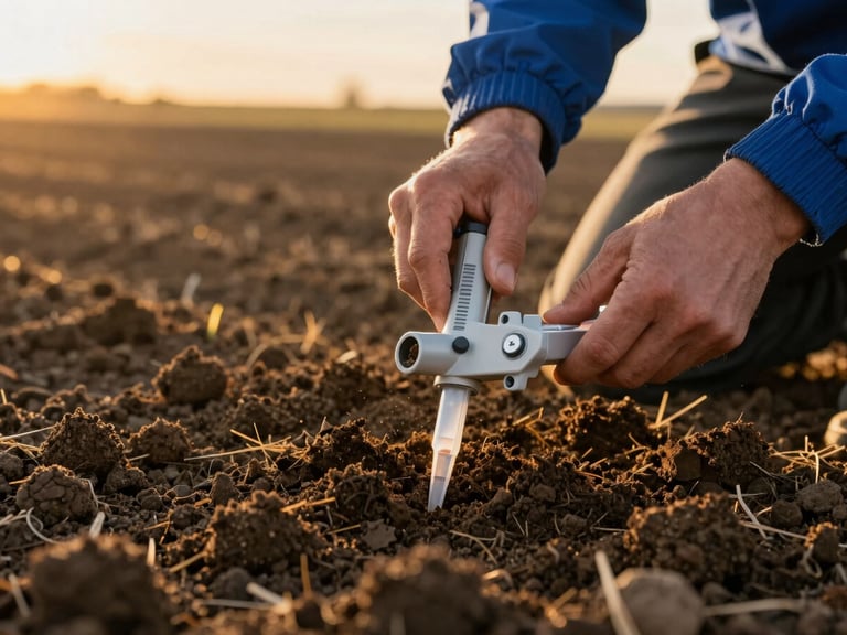 Hands holding soil testing equipment in a field, with rich Idaho soil in the foreground, golden hour warmth, sharp focus, 35mm