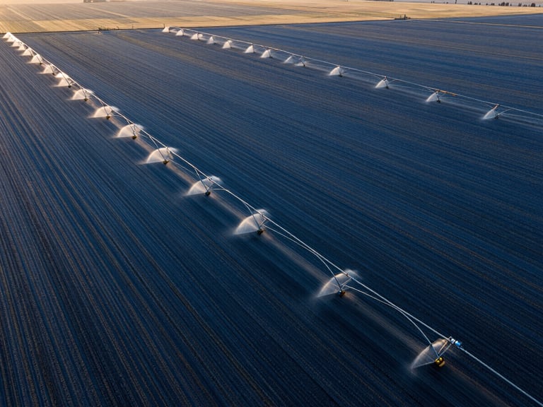 Aerial view of a complex network of irrigation lines distributing water across a vast Idaho crop field, early morning daylight, sharp focus, 35mm