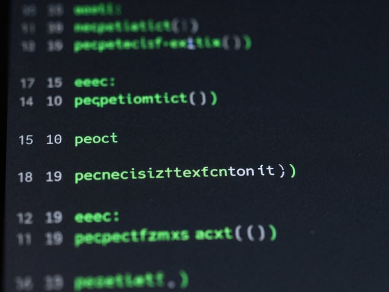 Macro shot of clean, structured code on a dark screen with subtle green highlights, cool low-key studio lighting, technical minimalism.